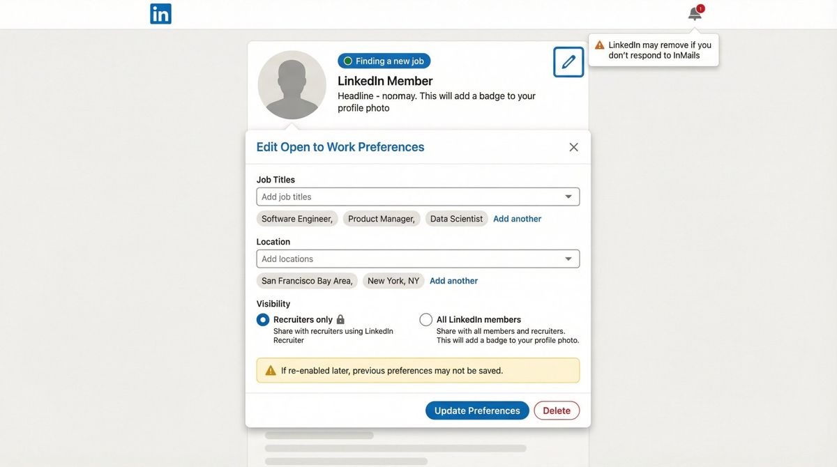 LinkedIn Open to Work settings panel showing edit pencil icon and delete option with warning indicator