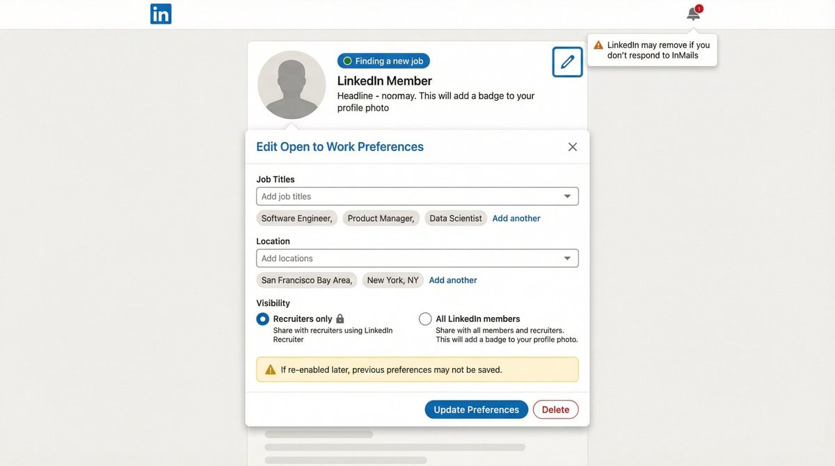 LinkedIn Open to Work settings panel showing edit pencil icon and delete option with warning indicator