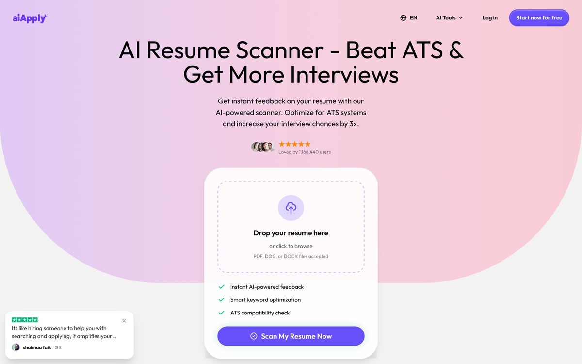 aiApply website showing an AI resume scanner, resume upload section, and benefits for job seekers.