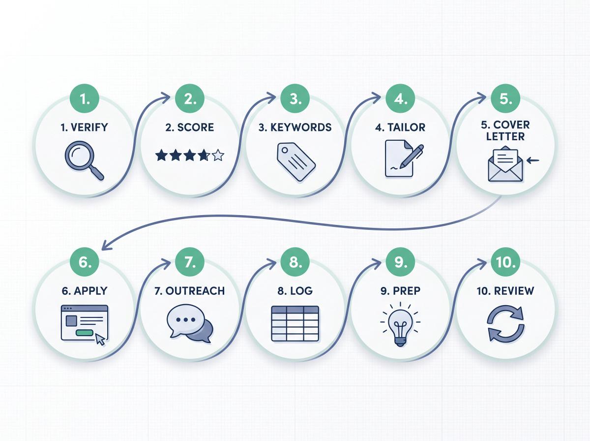 A clean 10-step job application workflow diagram showing the complete sequence from job verification to weekly review