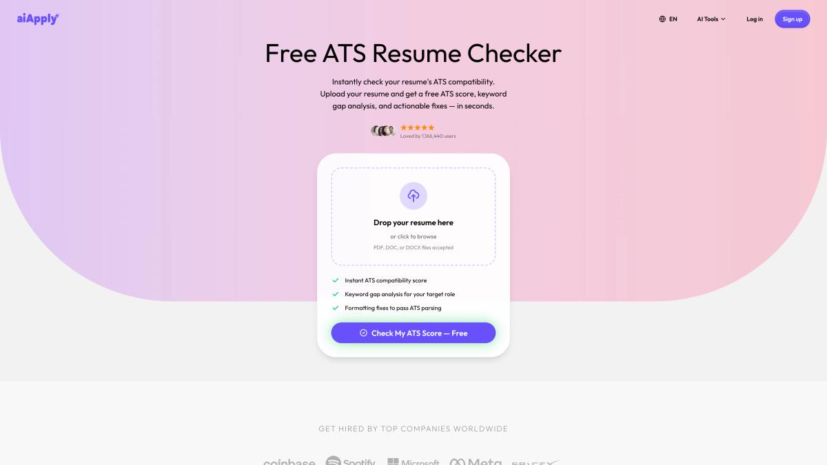 AIApply Free ATS Resume Checker showing upload interface, keyword gap analysis, and ATS compatibility score tool