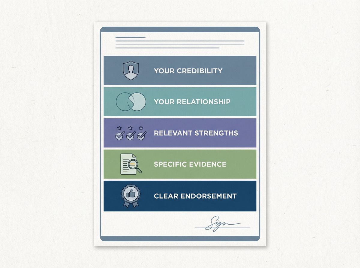 Anatomy of a strong letter of recommendation showing 5 structural zones: credibility, relationship, strengths, evidence, and endorsement