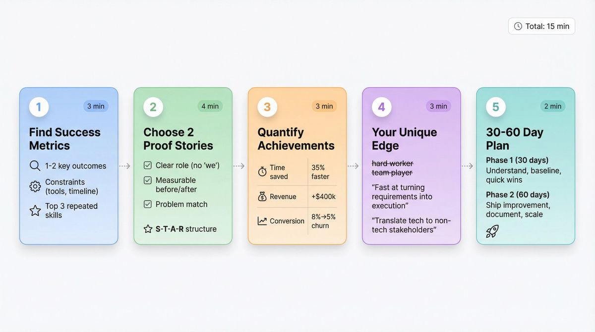 Five-step visual workflow showing 15-minute interview answer preparation method with time allocation per step