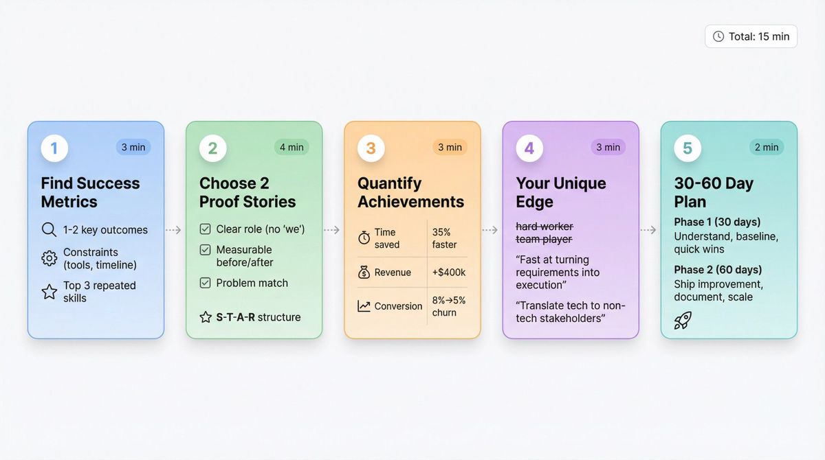 Five-step visual workflow showing 15-minute interview answer preparation method with time allocation per step