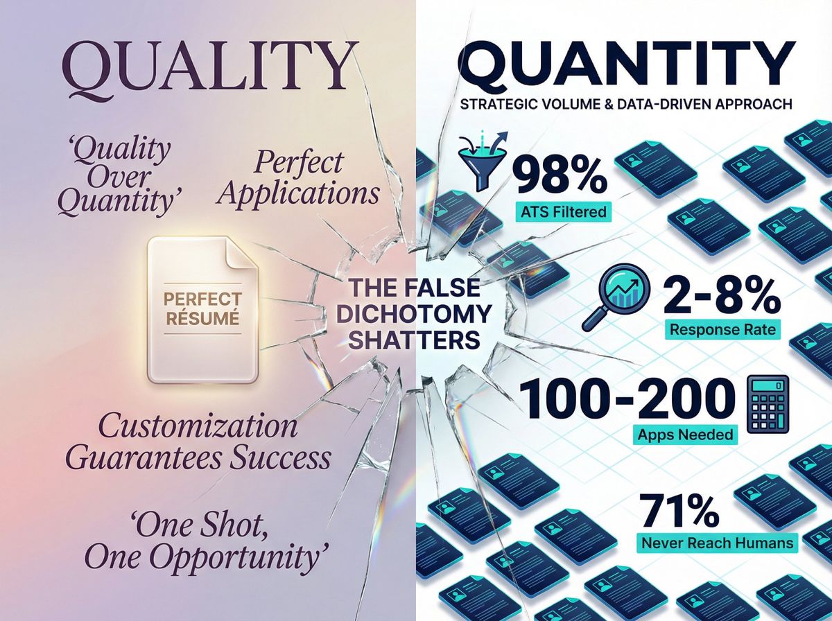 Split composition showing the false quality vs quantity debate being shattered by mathematical reality