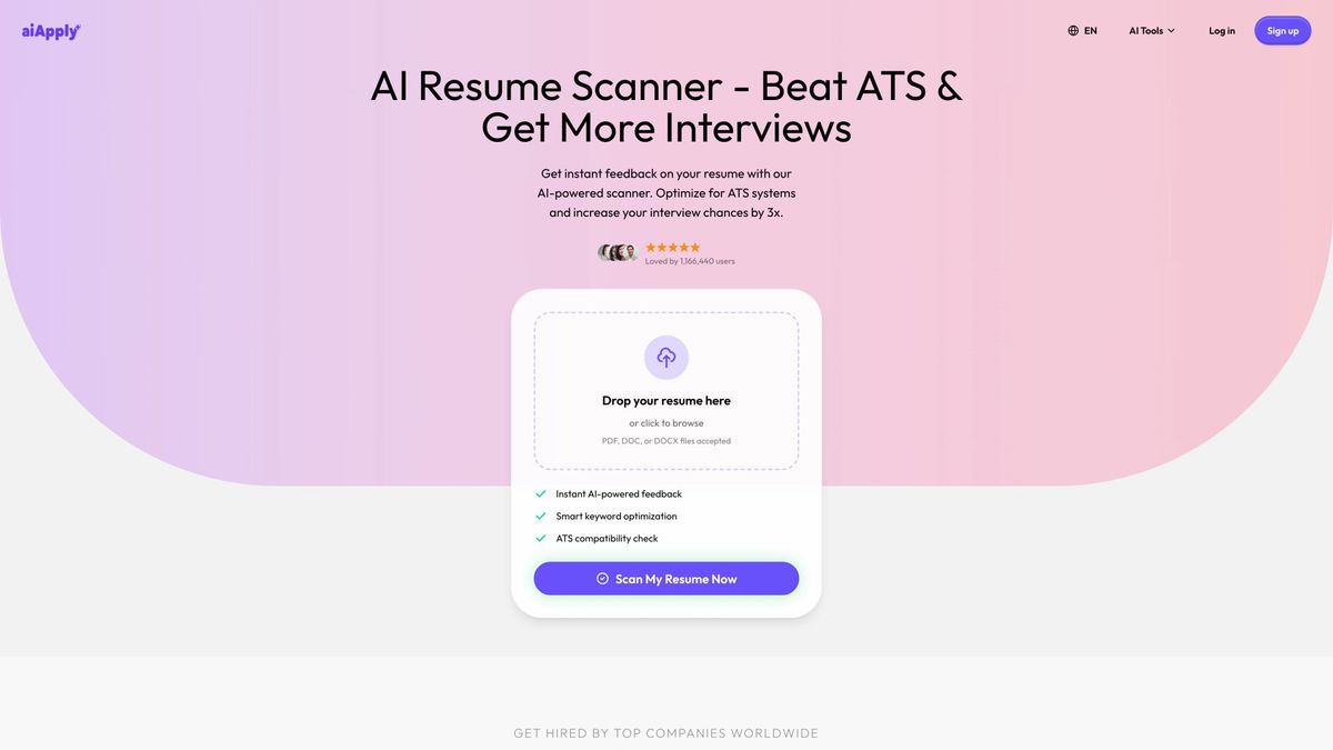 AIApply Resume Scanner interface showing drop-your-resume upload area with ATS compatibility check, keyword optimization, and Scan My Resume Now button