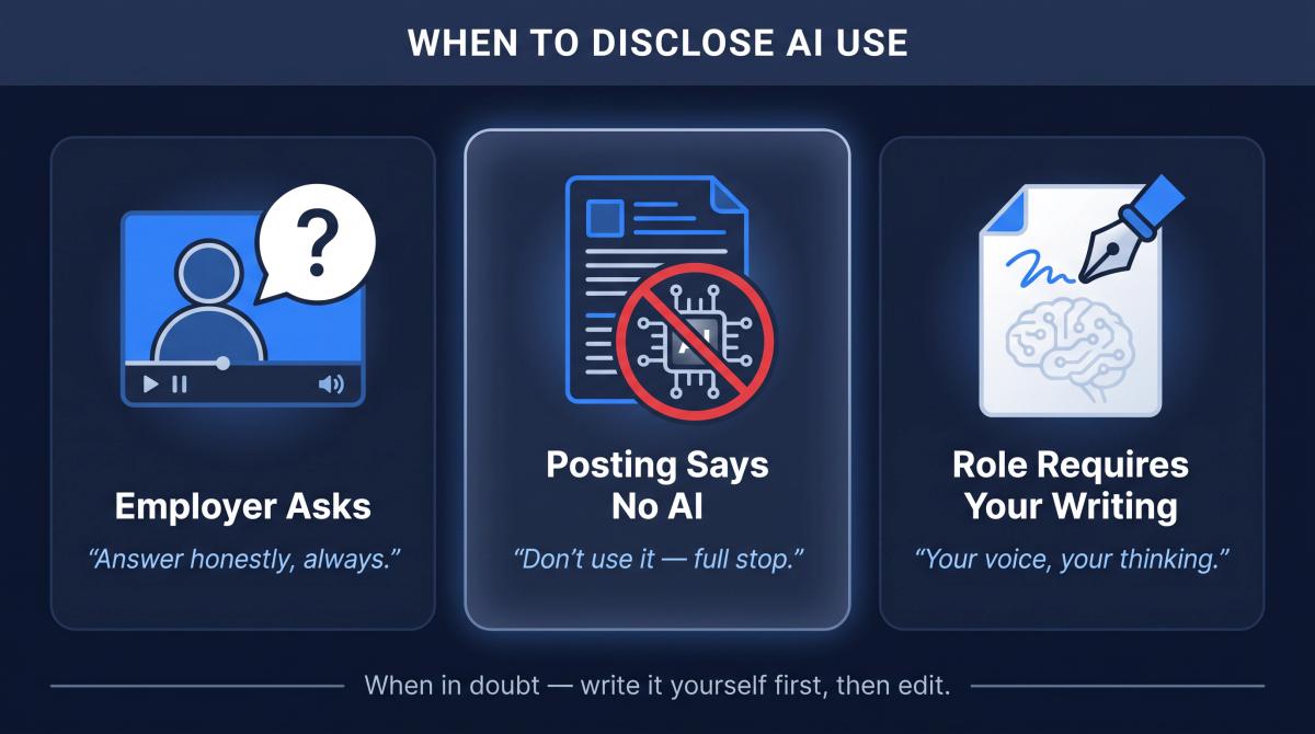 Three-panel editorial illustration showing when job seekers must disclose AI use: employer asks, posting forbids it, role requires original writing