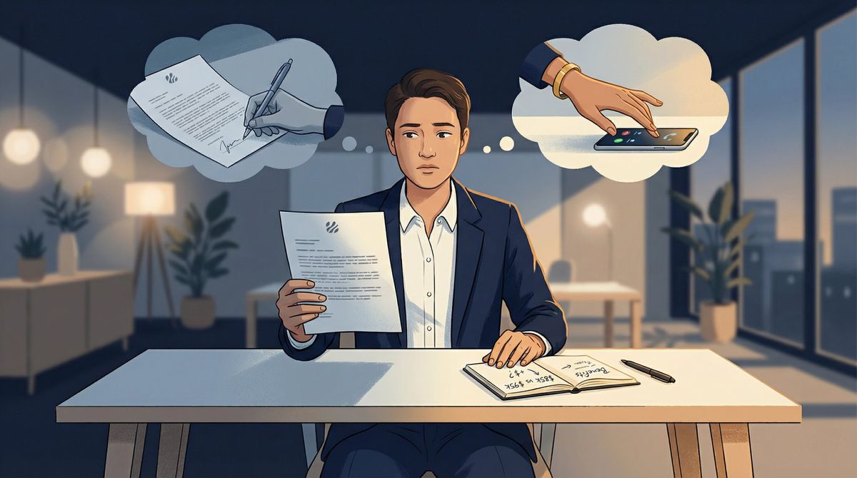 Professional at a desk reading a job offer letter, facing the pivotal decision of whether to negotiate salary