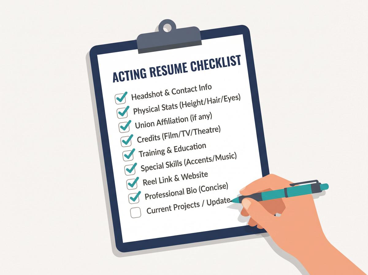 Acting resume pre-submission checklist on a clipboard with green checkmarks, teal and navy editorial illustration style