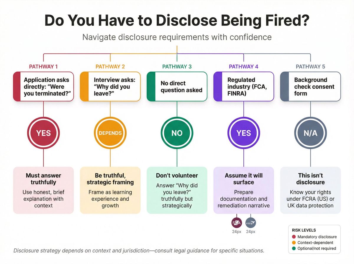 Decision tree showing when you must disclose a termination on job applications, with regulatory requirements for UK and US scenarios