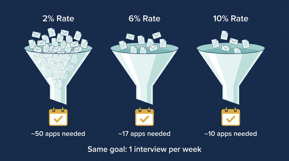 Editorial illustration showing how different interview rates — 2%, 6%, and 10% — require different weekly application volumes to reach one interview