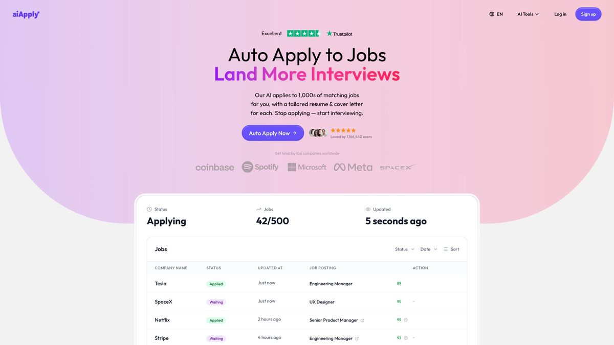 AIApply Auto Apply dashboard showing 42 of 500 jobs applied with active applications to Tesla, SpaceX, Netflix, and Stripe
