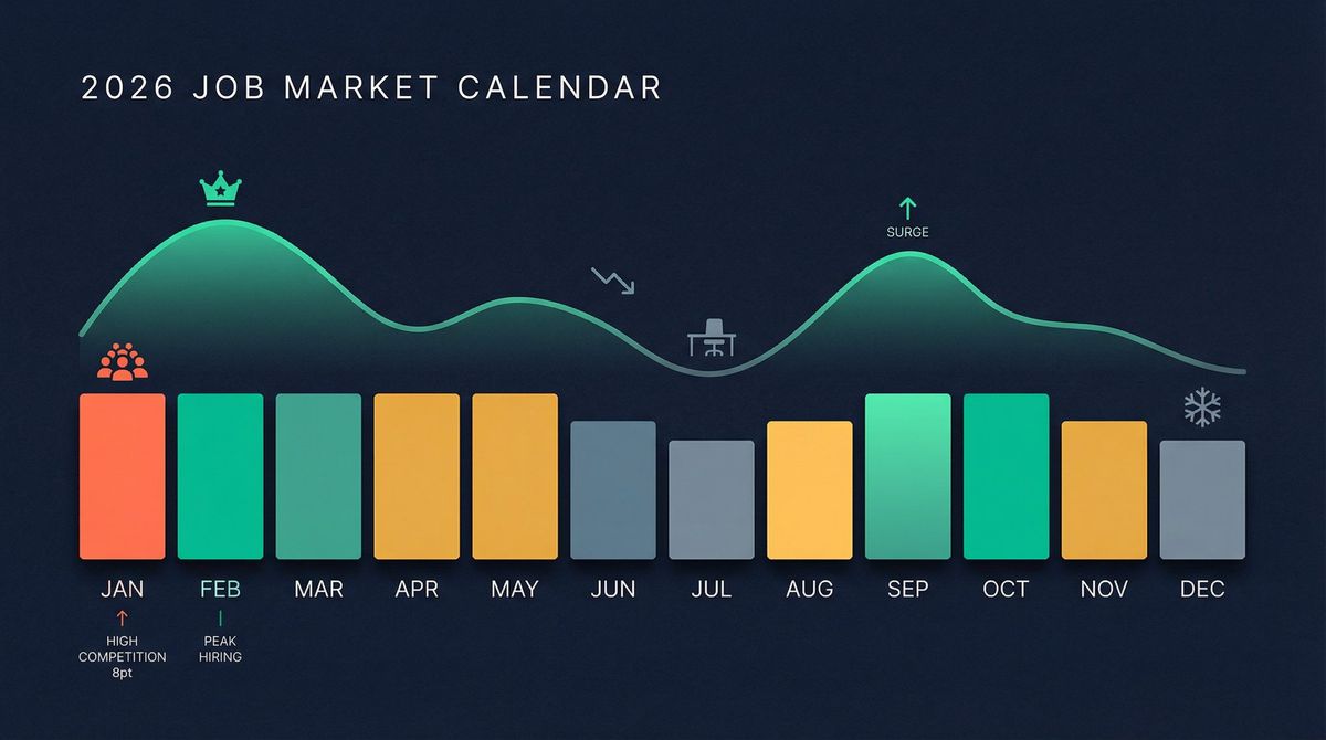 Annual job market heat map showing peak hiring windows in January–March and September–October versus slow periods in summer and December
