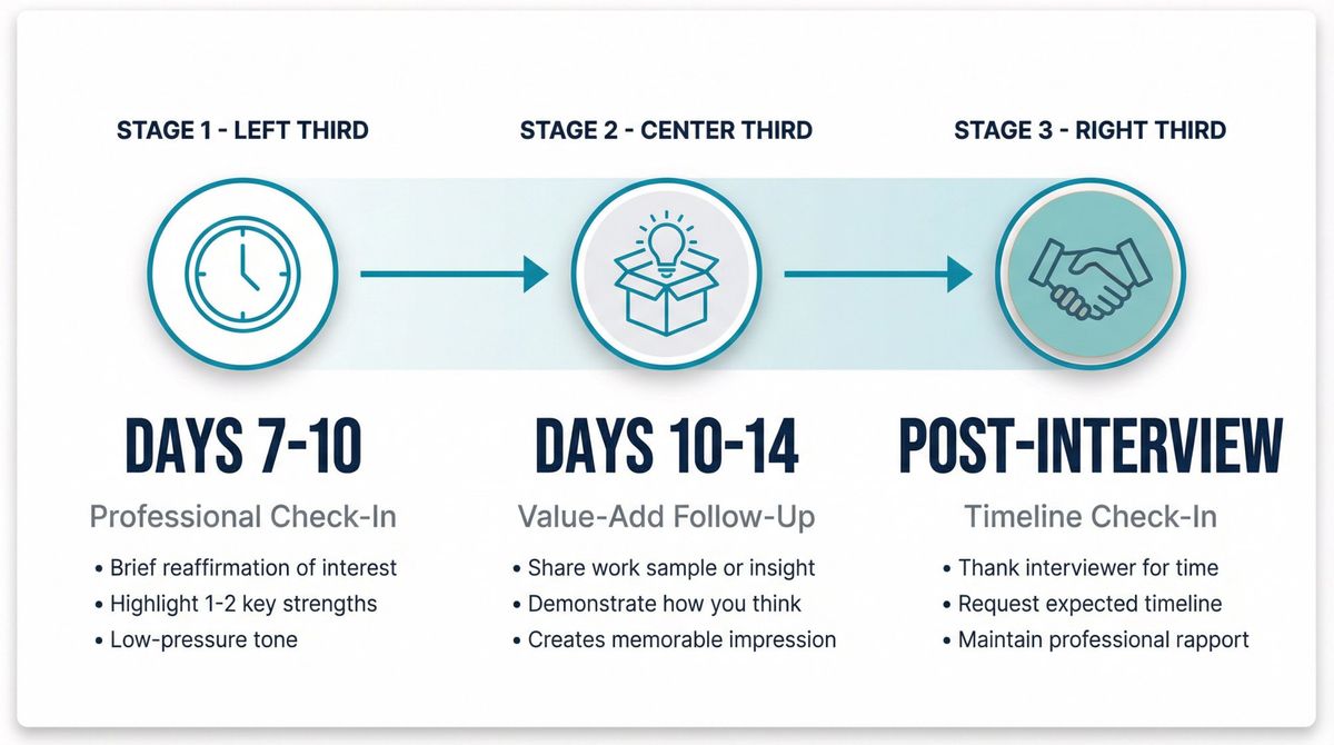 Strategic timeline showing three follow-up stages for Under Consideration status with timing and purpose for each approach