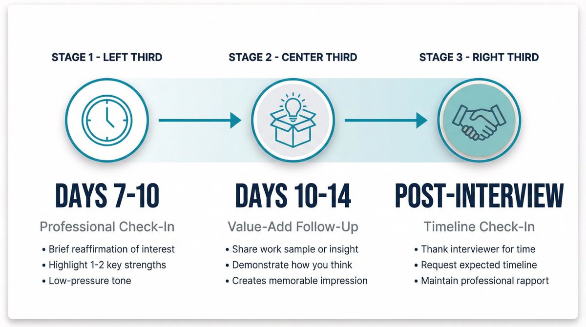 Strategic timeline showing three follow-up stages for Under Consideration status with timing and purpose for each approach