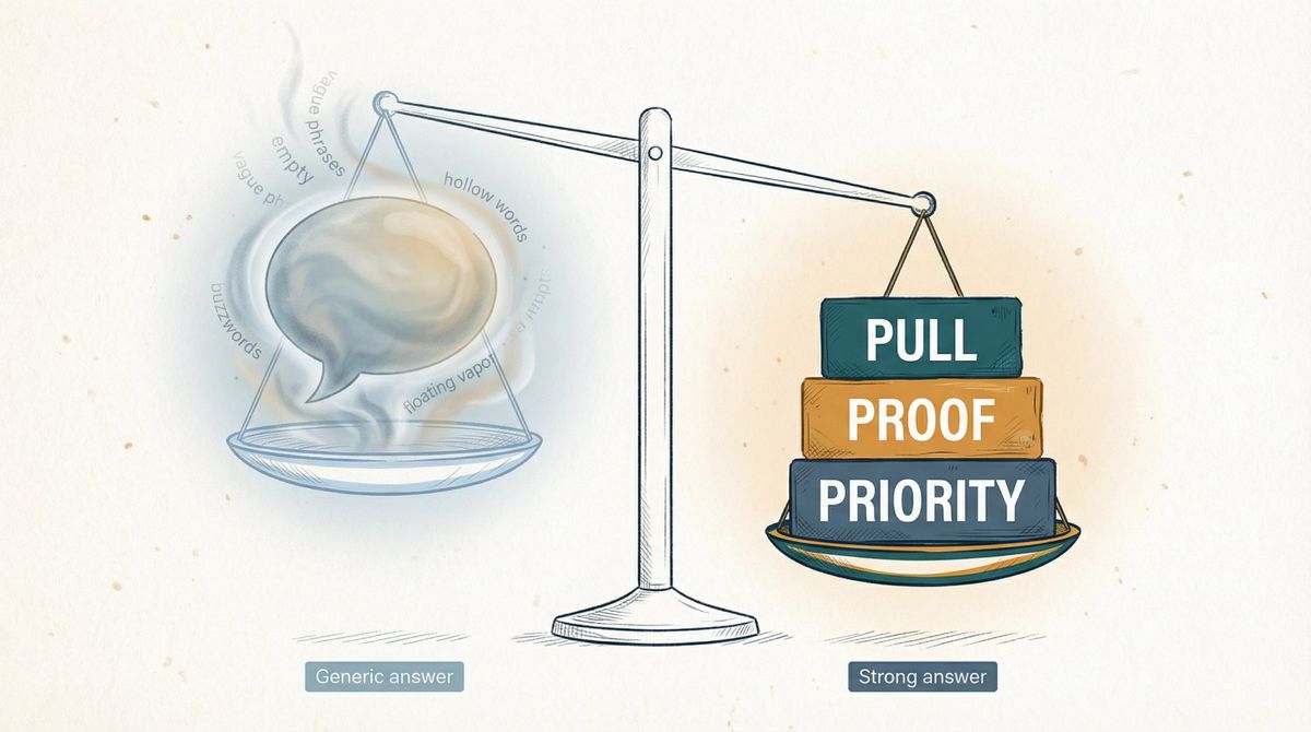 Editorial illustration of a balance scale comparing a generic interview answer on the left versus a specific Pull, Proof, Priority answer on the right