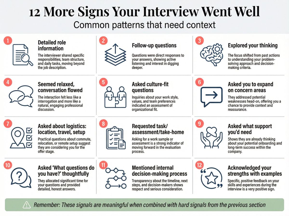 Visual grid showing 12 additional interview success indicators with context-dependent interpretation notes