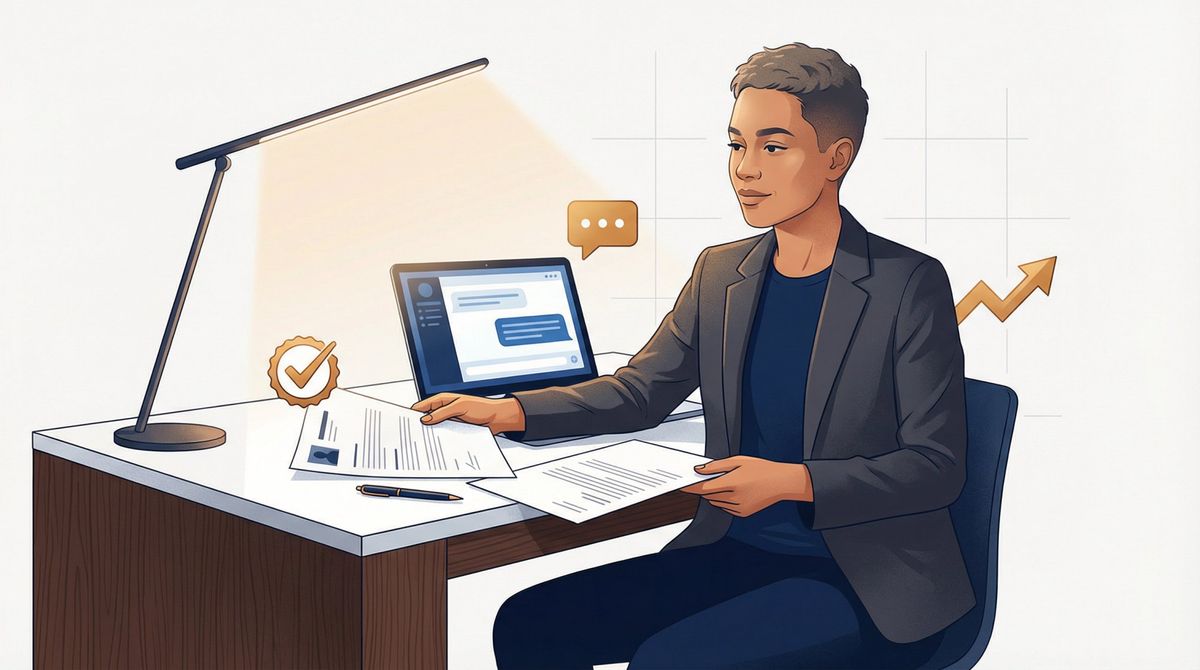 Confident professional reviewing AI-assisted job application materials at a clean modern workspace, blending human judgment with AI tools