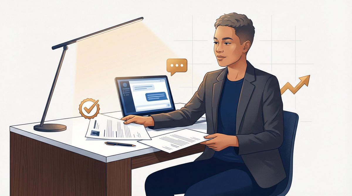 Confident professional reviewing AI-assisted job application materials at a clean modern workspace, blending human judgment with AI tools