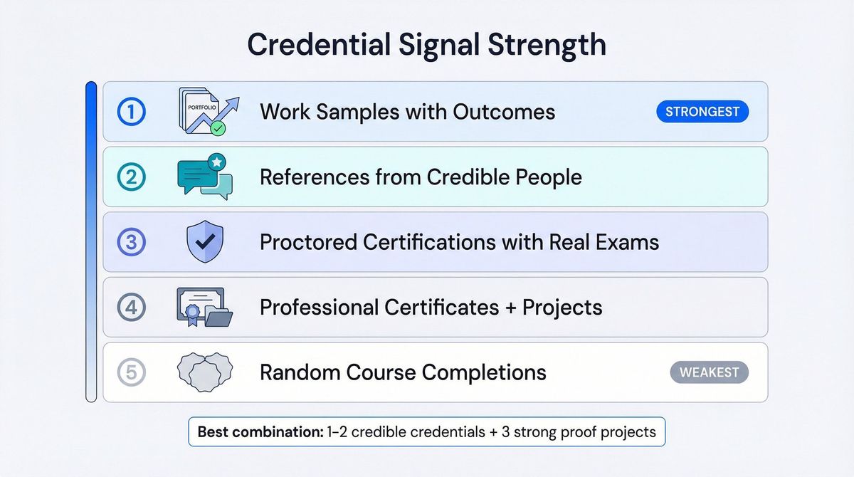 Ranked infographic showing the 5 credential signal tiers for job seekers without a degree, from strongest to weakest