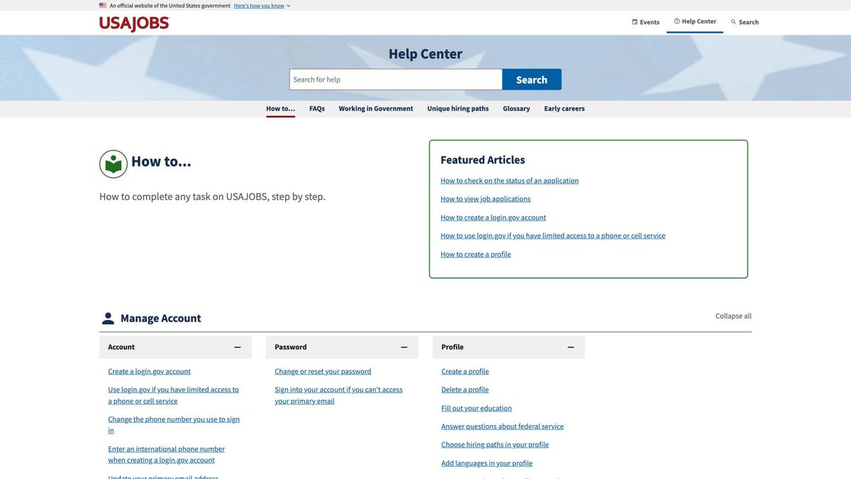 USAJobs Help Center showing official federal government job application resources