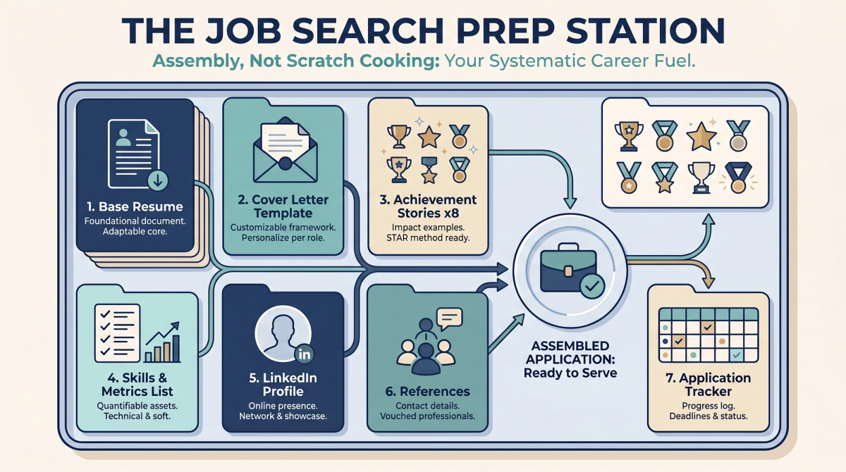 Job search asset kit laid out as organized components: resume, cover letter, achievement stories, LinkedIn, tracker, and references