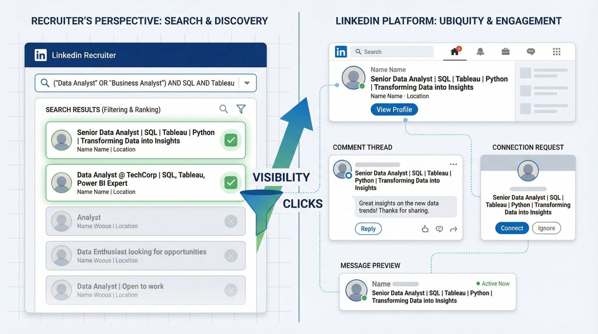 Split-panel diagram showing recruiter Boolean search filtering candidates on left, and LinkedIn headline appearing across platform touchpoints on right