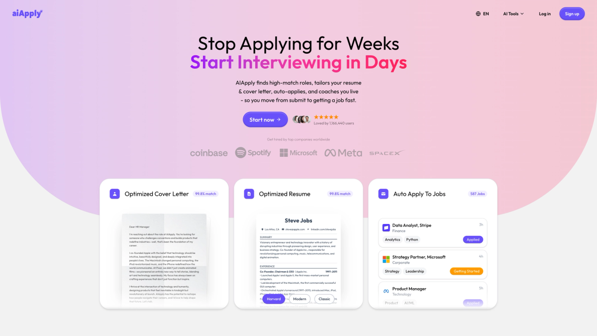 AIApply homepage showing resume builder, cover letter builder, and auto apply tools — trusted by 1.1 million job seekers