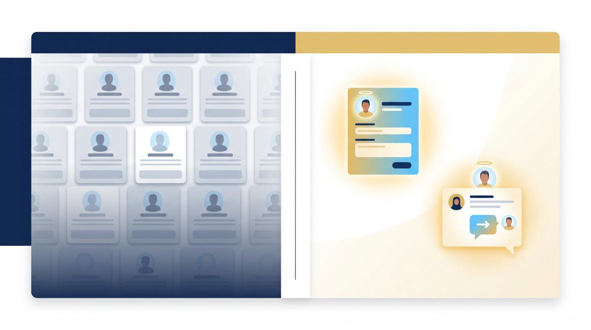 Split-panel editorial illustration: left side shows grey silhouettes lost in an ATS database queue; right side shows one highlighted candidate appearing in both an application and a direct message