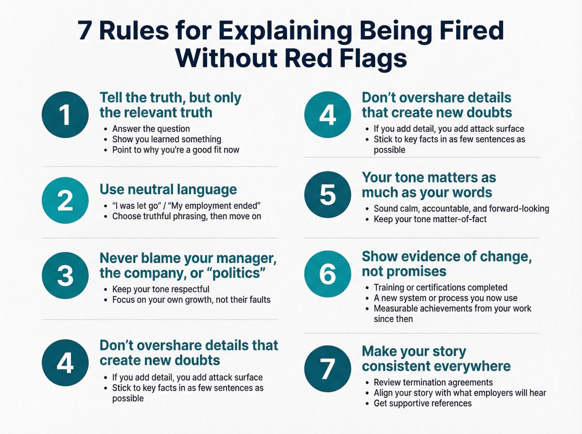 Visual checklist of 7 rules for explaining being fired without raising red flags in job interviews
