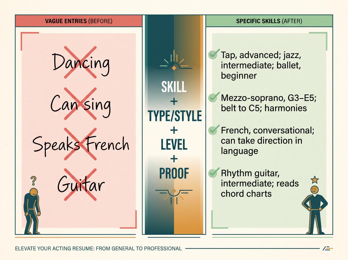 Editorial illustration comparing vague vs specific acting resume skill entries using the Skill + Type + Level + Proof formula