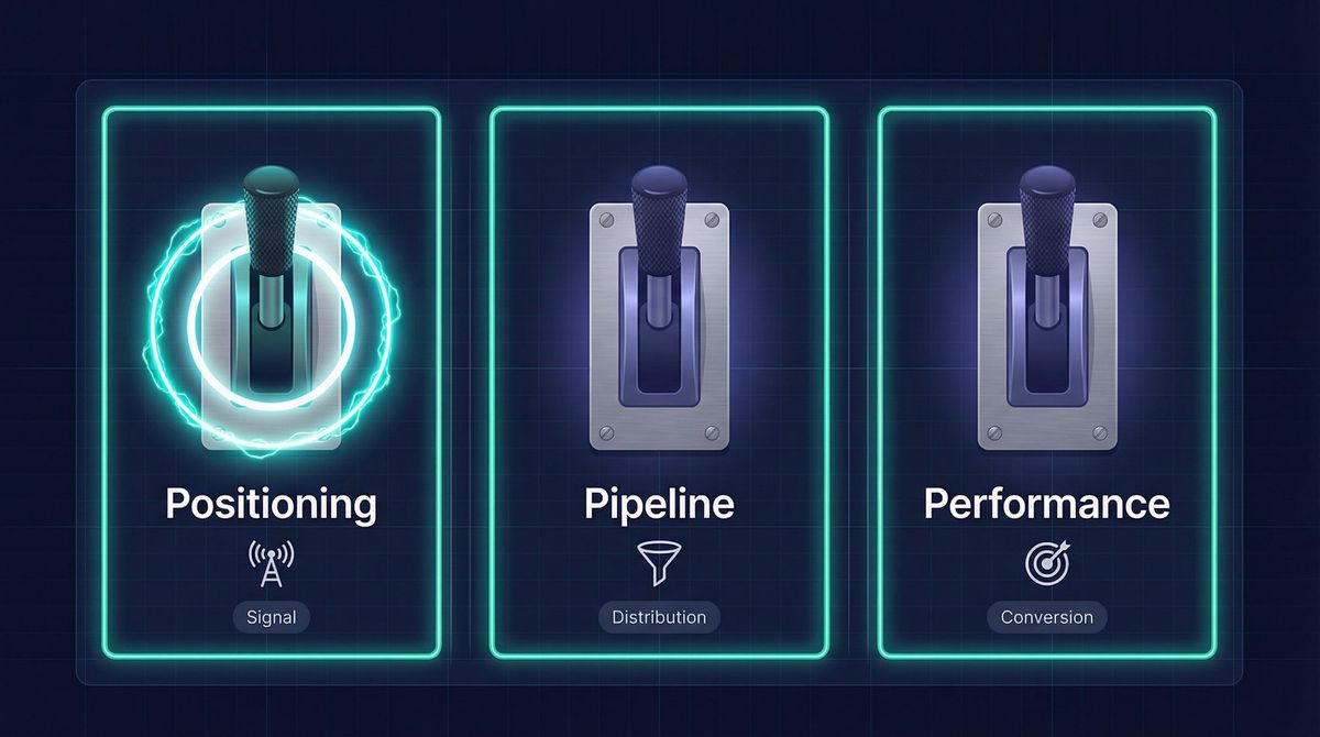Three job search levers — Positioning, Pipeline, and Performance — illustrated as control switches on a dark tech dashboard
