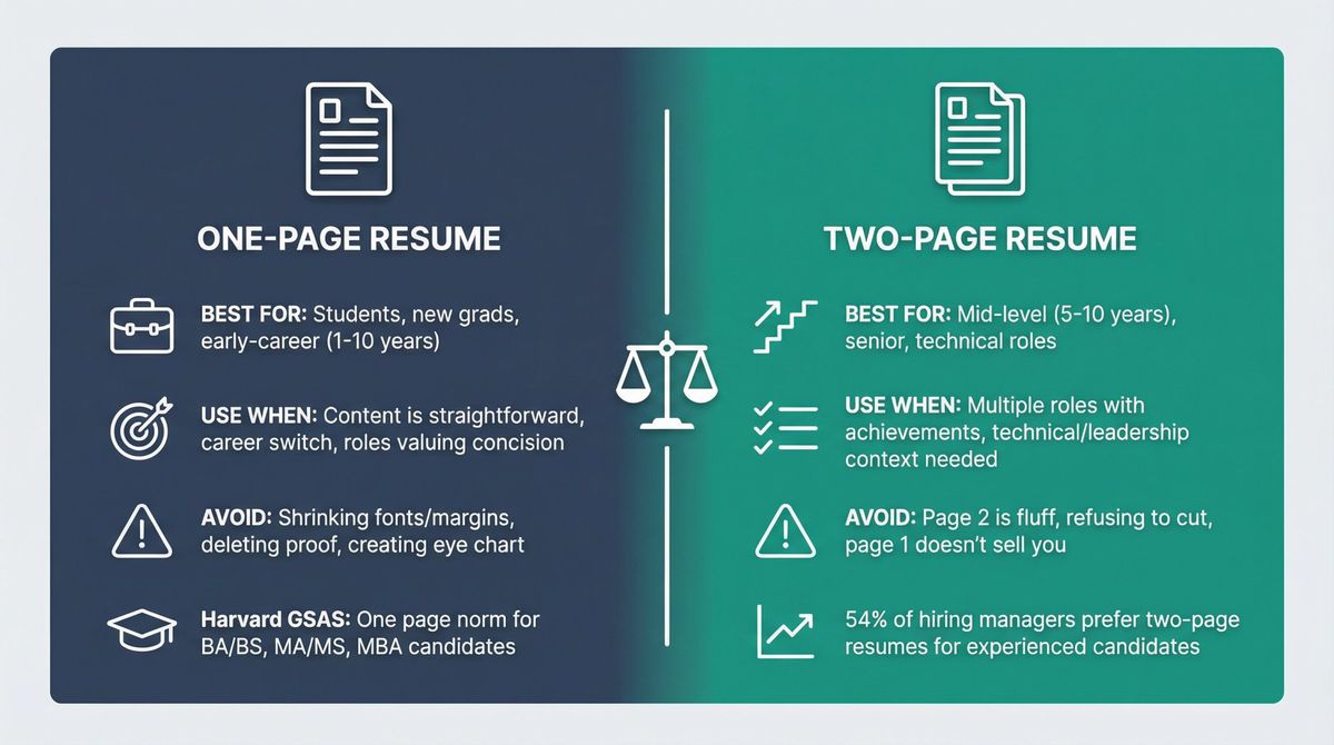 Side-by-side comparison infographic showing one-page resume best practices for early-career professionals versus two-page resume strategies for experienced candidates