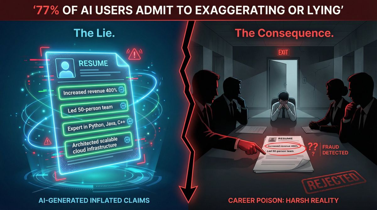 Warning visualization showing a split resume with inflated AI claims and interview rejection consequences