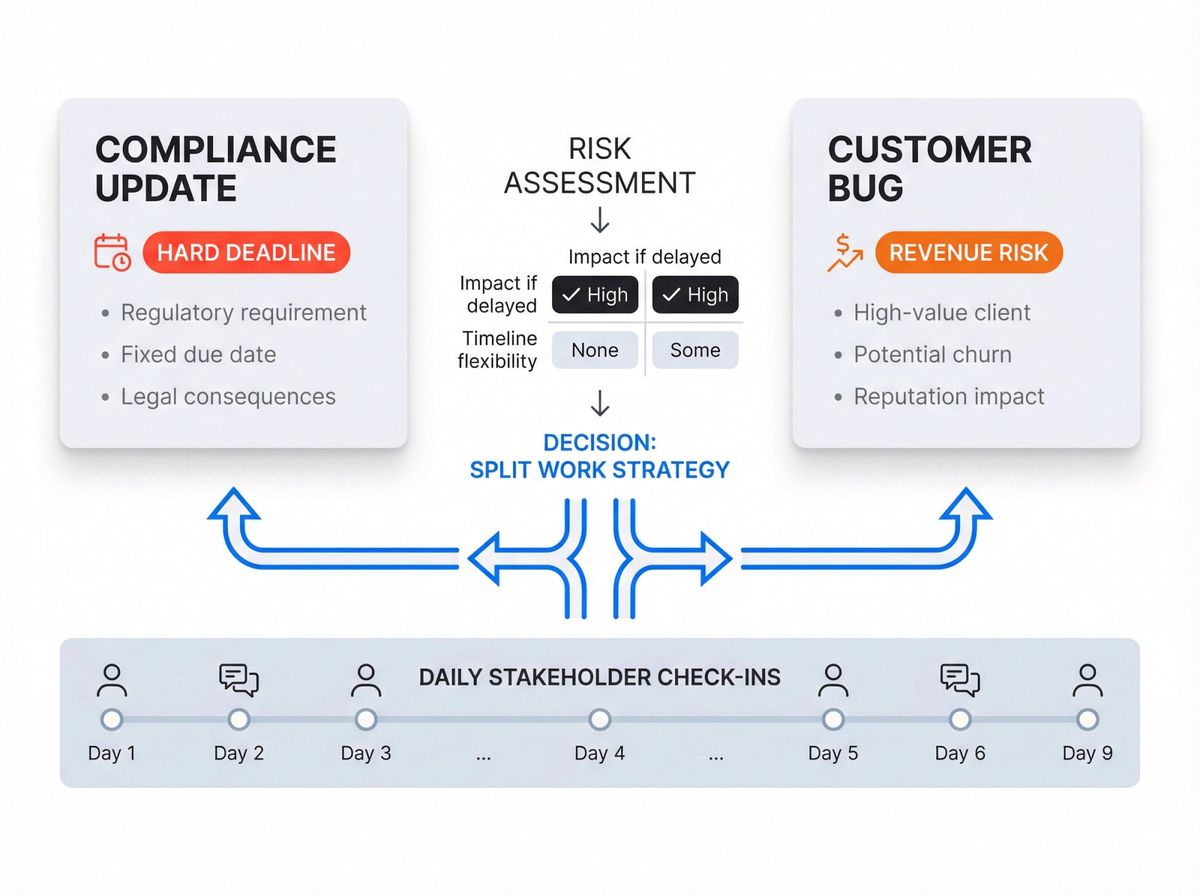 Decision framework showing how to prioritize compliance update vs customer bug using risk assessment