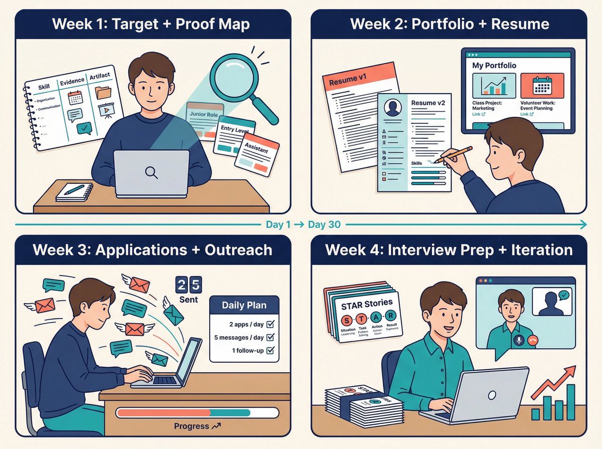 Four-panel editorial illustration showing a first-time job seeker's 30-day journey: Week 1 researching job ads, Week 2 building a portfolio, Week 3 sending applications, Week 4 acing an interview
