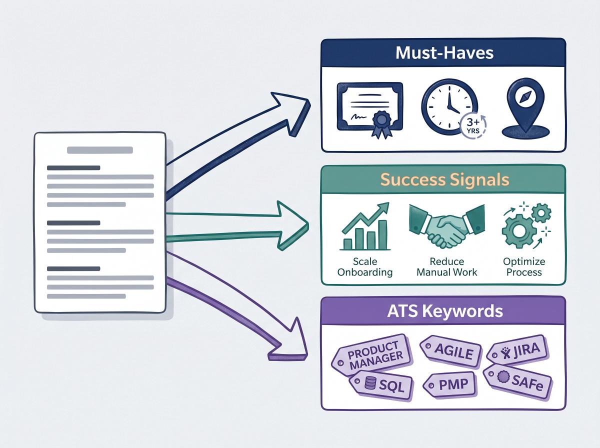Editorial illustration of a job description being split into three labeled buckets: Must-Haves, Success Signals, and ATS Keywords