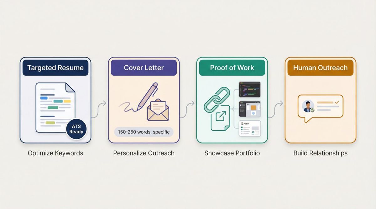 Four-component tech job application checklist: targeted resume, cover letter, proof-of-work link, and outreach message illustrated as a clean pipeline