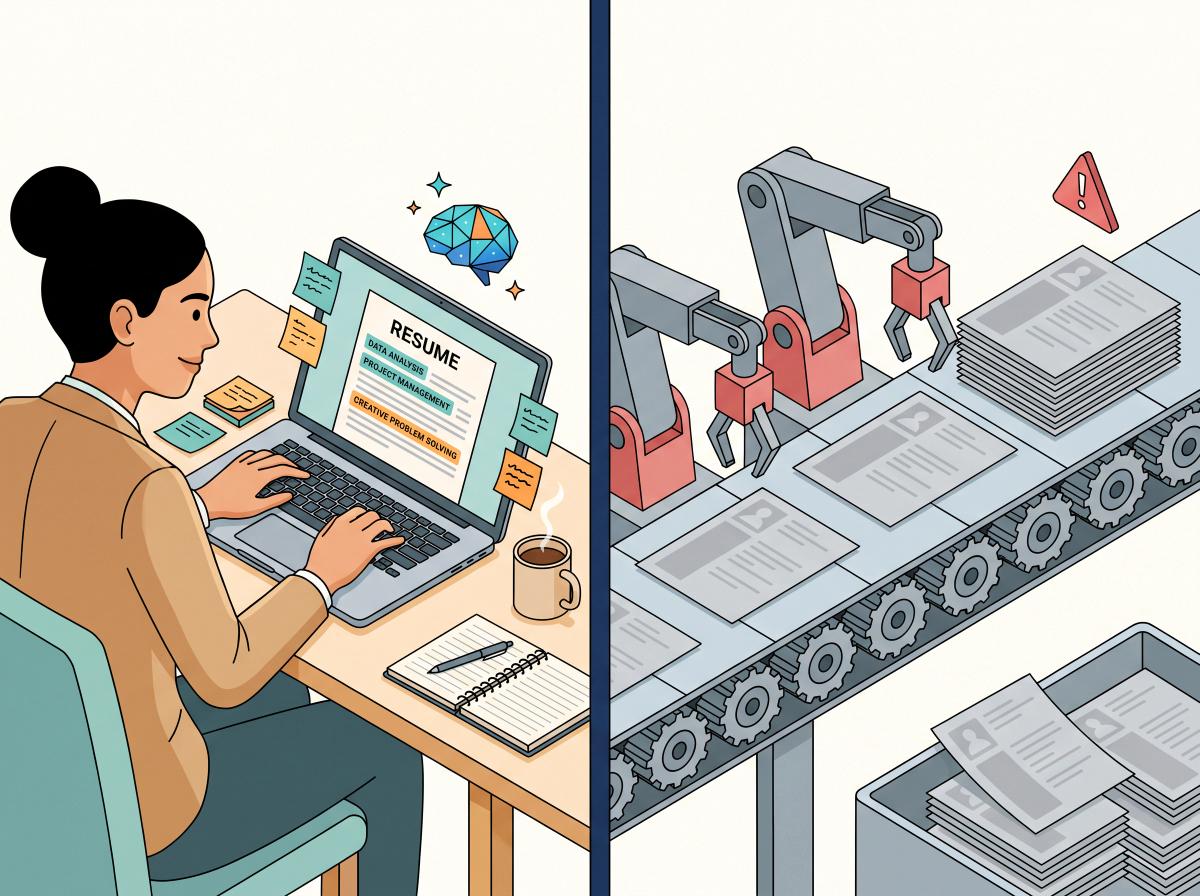 Split illustration: left side shows a person thoughtfully using AI to sharpen their resume; right side shows a robot stamping out identical generic resumes