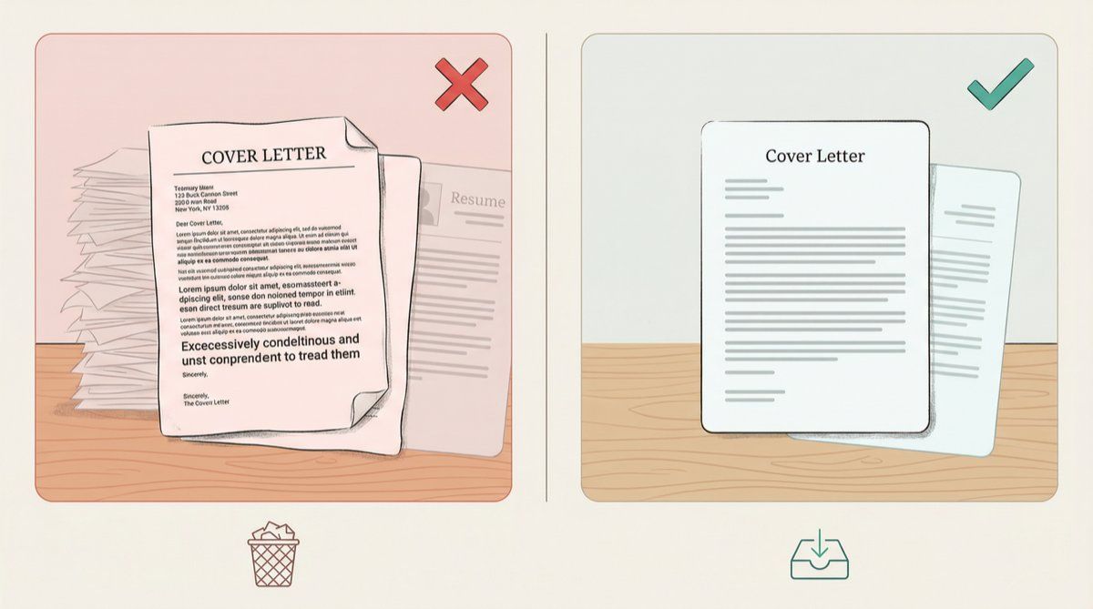 Side-by-side editorial illustration comparing a poorly formatted cover letter that gets rejected versus a clean, well-formatted cover letter that gets read