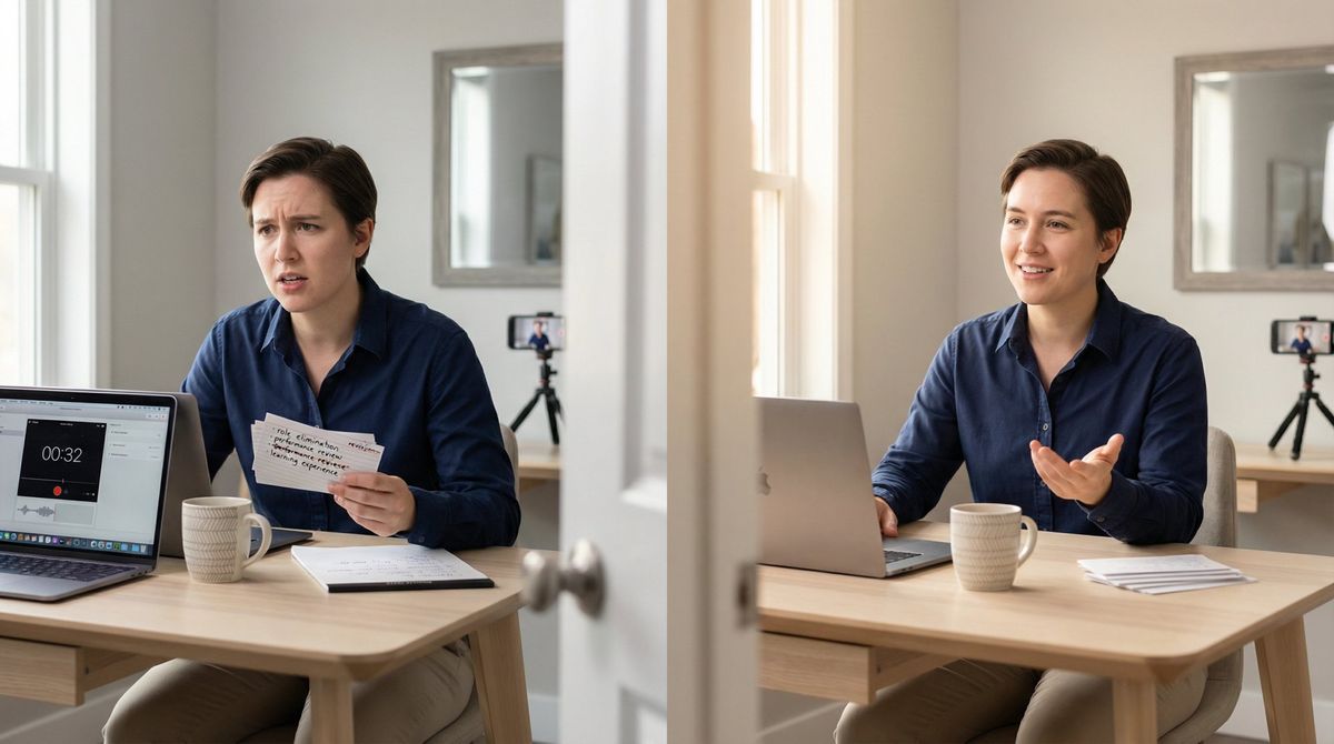 Professional practicing interview answers with confidence through structured repetition and preparation