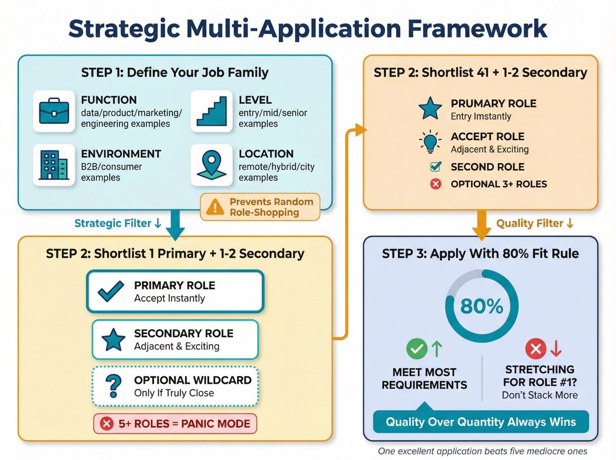 Three-step visual framework for strategically applying to multiple jobs at one company: job family definition, role shortlisting, and 80% fit rule