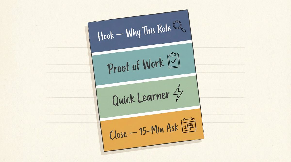Four-paragraph cover letter structure diagram for job seekers with no experience, showing Hook, Proof of Work, Quick Learner, and Close sections