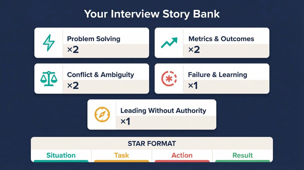 STAR story bank framework showing 8 interview stories organized by category: problem-solving, metrics, conflict, failure, and leadership