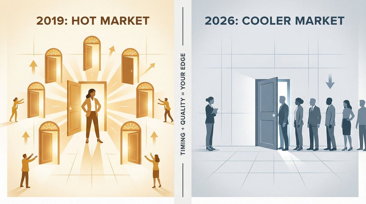 Split editorial illustration contrasting 2019 hot hiring market versus the cooler, more competitive 2026 job market