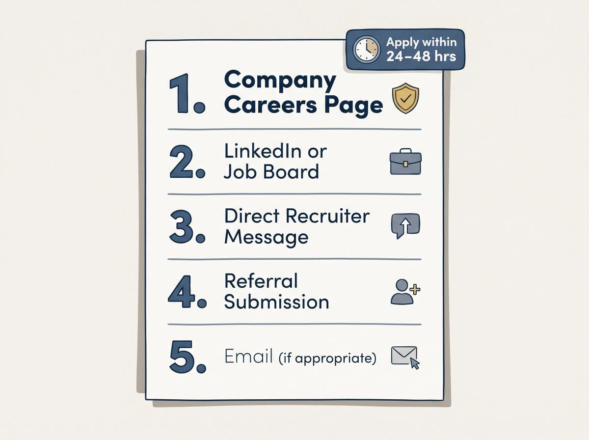 Ranked priority list of 5 job application channels, with company careers page at the top and email at the bottom