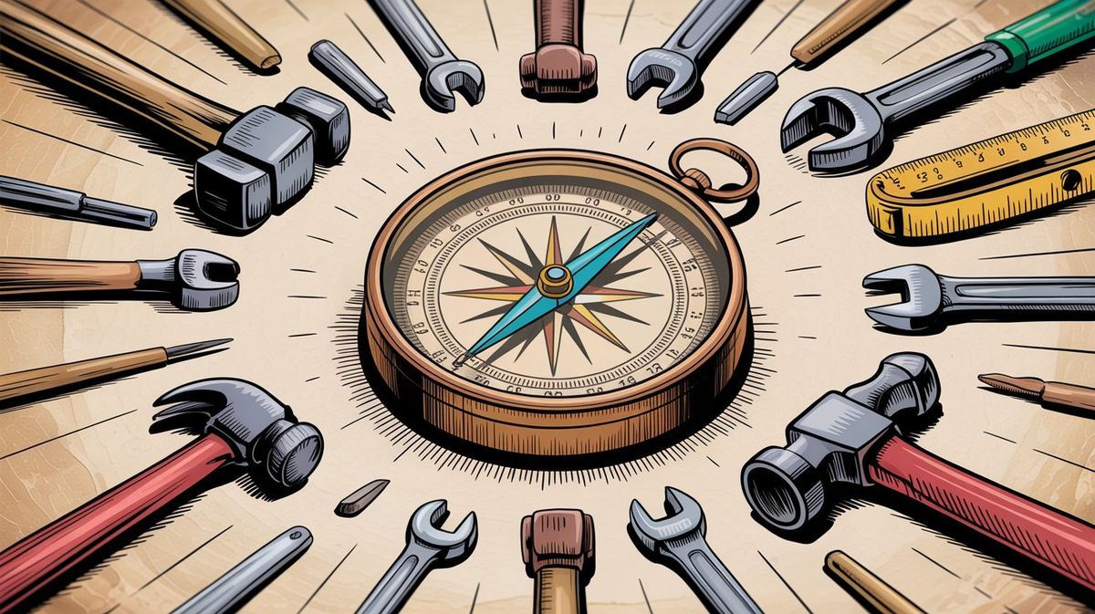 Hand-drawn illustration of professional tools and instruments (wrench, hammer, compass, measuring tape, laptop) arranged in a circular pattern around a central brass compass on a wooden surface, symbolizing the diverse toolkit of transferable skills every professional carries