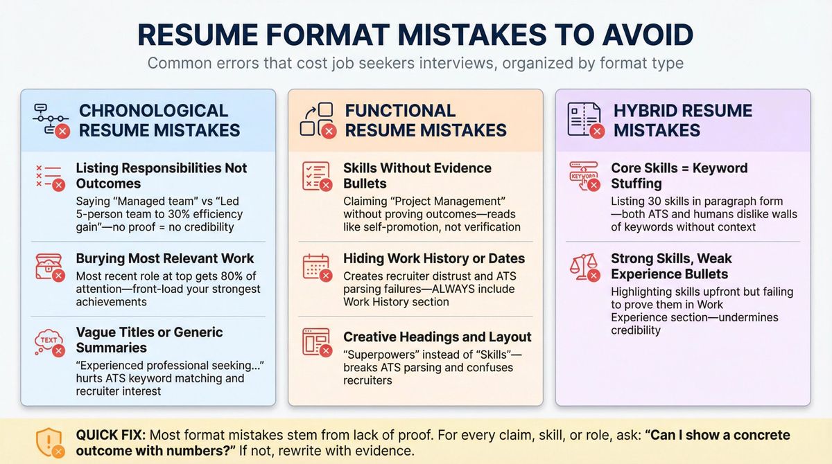 Visual checklist of resume format mistakes by type: chronological, functional, and hybrid errors