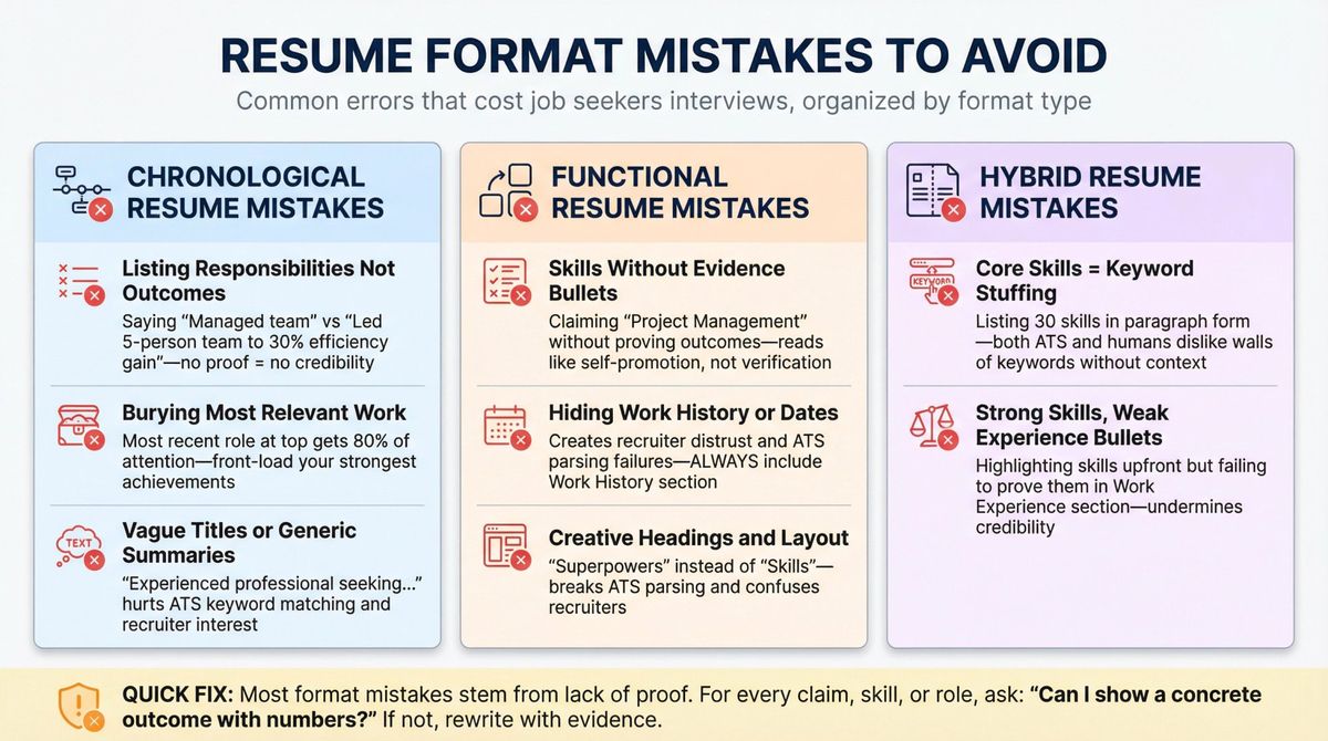 Visual checklist of resume format mistakes by type: chronological, functional, and hybrid errors