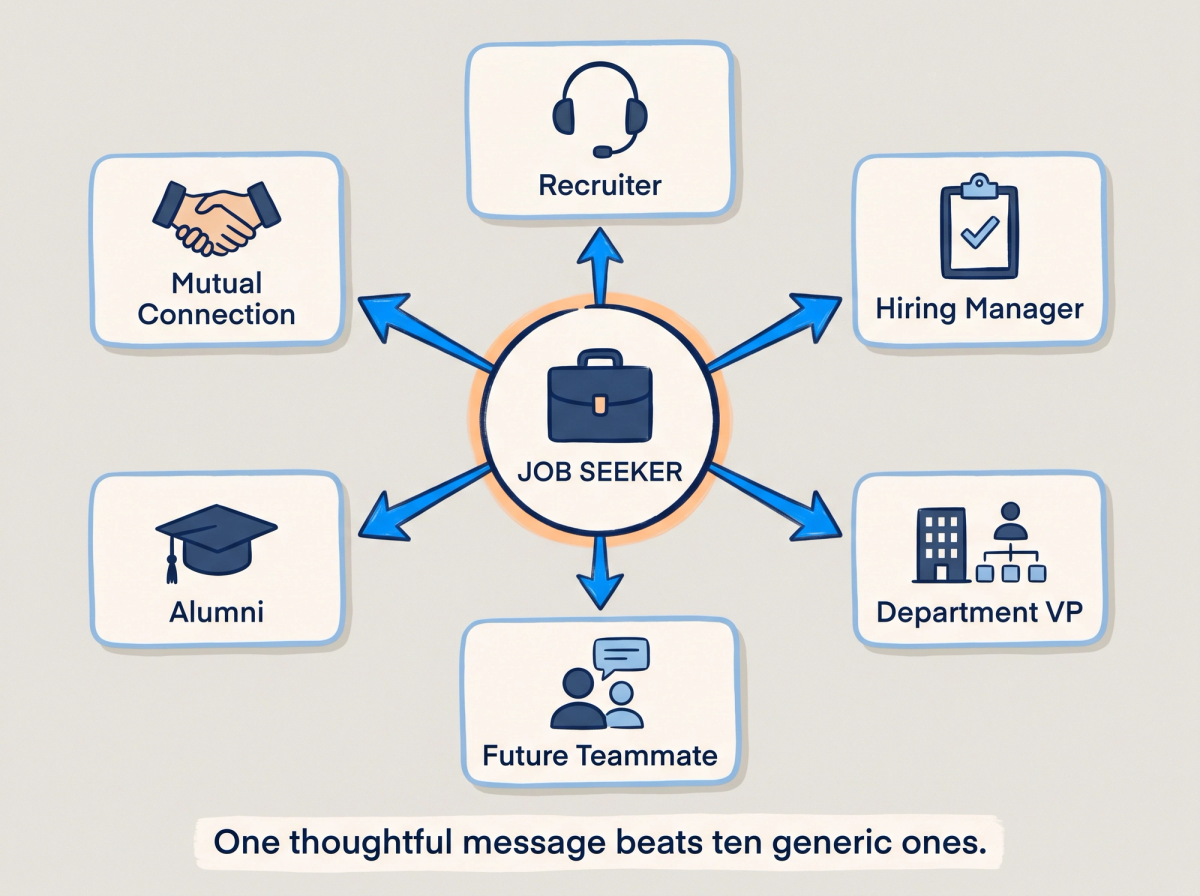 Network diagram showing six human contact types a job seeker should reach out to after applying: recruiter, hiring manager, VP, teammate, alumni, and mutual connection